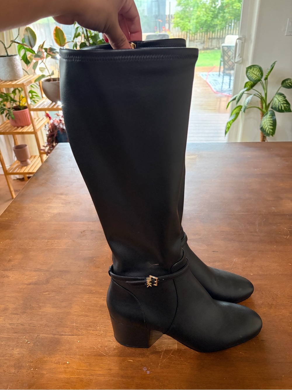 NWOT Michael Kors Ella Block Heel Boots with Gold Buckle